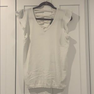 White v-neck, flutter sleeve knit top